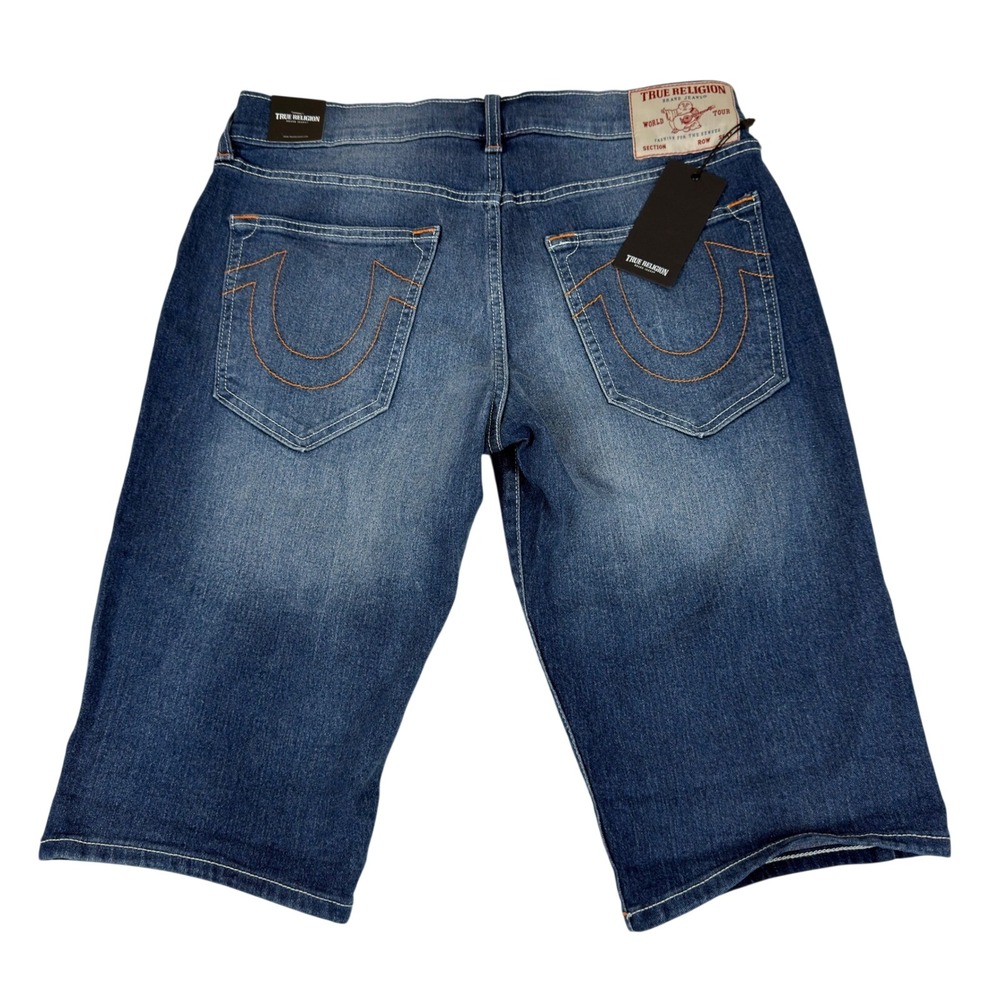 True Religion Ricky SN Rolled Shorts Medium Blue Wash Orange Stitch Fit 34" NWT